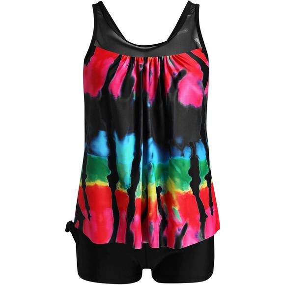 NEW WOMEN'S 2 PIECE COLOR BLOCK STRIPE TANKINI W/BOY SHORTS & TUMMY CONTROL XL - Picture 3 of 9